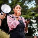 Abigail speaking at the protest