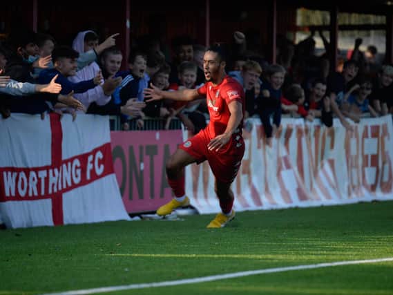 Dayshonne Golding celebrates one of his two goals for Worthing v Stortford / Picture: Marcus Hoare