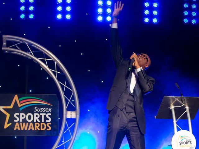 Kris Akabusi presenting the Sussex Sports Awards 2019