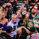 Tyson Fury celebrates after a thrilling victory against Deontay Wilder in Las Vegas