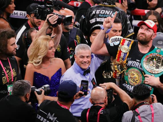 Tyson Fury celebrates after a thrilling victory against Deontay Wilder in Las Vegas