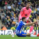 Albion striker Neal Maupay and Norwich keeper Tim Krul clash at Carrow Road