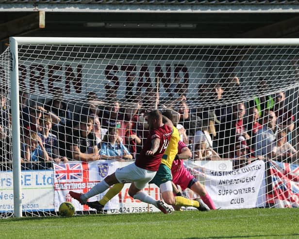 Kenny Pogue - seen here scoring earlier in the season - was on target at York Road / Picture: Scott White