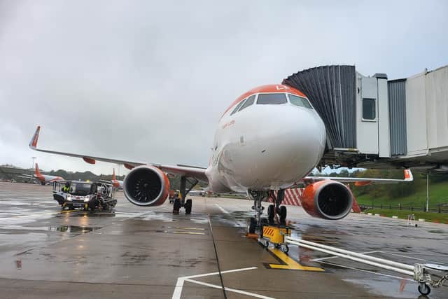 The easyJet flight set for take off at Gatwick this morning, powered by sustainable aviation fuel (SAF)