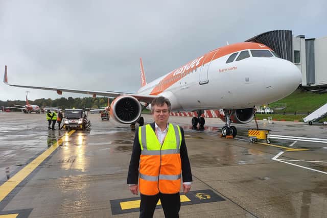 Crawley MP Henry Smith at Gatwick Airport this morning as the easyJet flight prepared for take-off