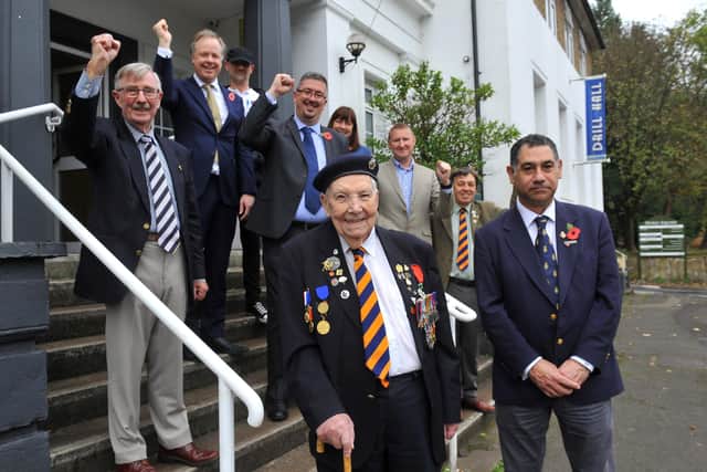 Supporters at The Drill Hall which will be transferred to the Royal British Legion to run. Pictured on Monday are front row L-R: Robert Piper Legion d'Honneur, Zäl Rustom, Chairman of the Royal British Legion, Horsham Branch. Middle row: Major (Retd) Mike Cattell TD; Cllr Christian Mitchell, Cllr Martin Boffey. Back Row:  Michael Frater, Sharon Goldring, Cllr Tony Hogben, Robert G Piper