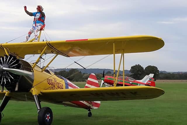 Tricia on her wing walk