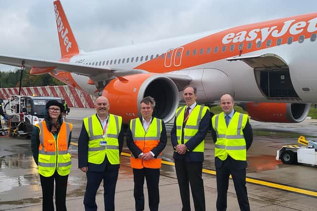 Rachel Thompson, Head of sustainability at Gatwick, Hugh McConnellogue, Head of operations for Easyjey at Gatwick, Henry Smith MP, Jonathan Wood, VP Renewable Aviation at Neste, Jon Wicks, supply and logistics director Q8 Aviation