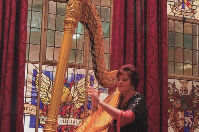 Margaret Watson plays the harp at the Storrington Musuem while teaching visitors about its history.