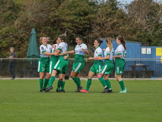 Chichester and Selsey Ladies celebrate their equaliser against Cardiff City / Picture: Sheena Booker
