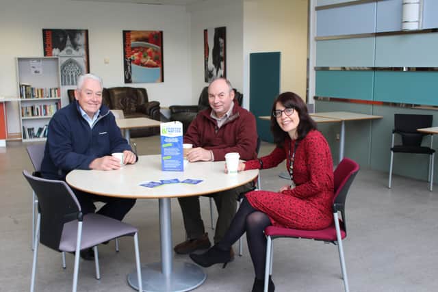 Bob Cusack from Age UK, Martin Bruton from the Older Persons Forum and Shelley Gosden from Horsham District Council at the launch of Chatty Cafe