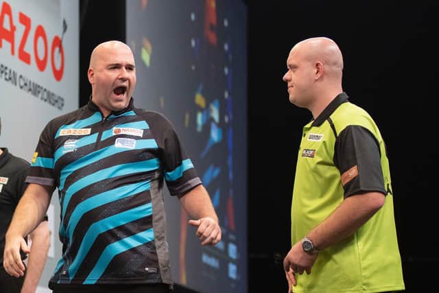 Rob Cross on his way to beating Michael van Gerwen / Picture- Kais Bodensieck/PDC Europe