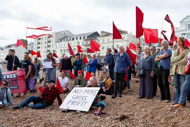 Protest against Southern Water on St Leonards seafront on August 20 following July's sewage leak in Bulverhythe. Picture by Hastings and St Leonards Clean Water Action SUS-210821-121004001