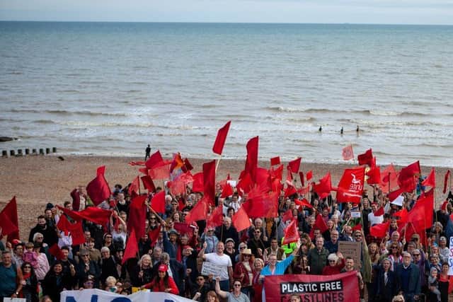 Protest against Southern Water on St Leonards seafront on August 20 following July's sewage leak in Bulverhythe. Picture by Hastings and St Leonards Clean Water Action SUS-210821-120944001