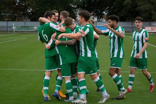 Chichester City celebrate Ethan Prichard's goal against Hythe / Picture: Neil Holmes