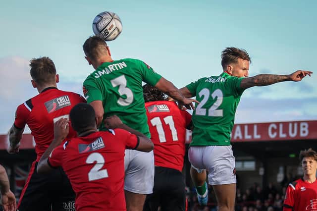 Eastbourne Borough and Ebbsfleet do battle in the air / Picture: Andy Pelling