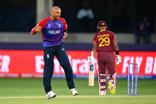 Tymal Mills celebrates the wicket of Nicholas Pooran of the West Indies (Photo by Alex Davidson/Getty Images