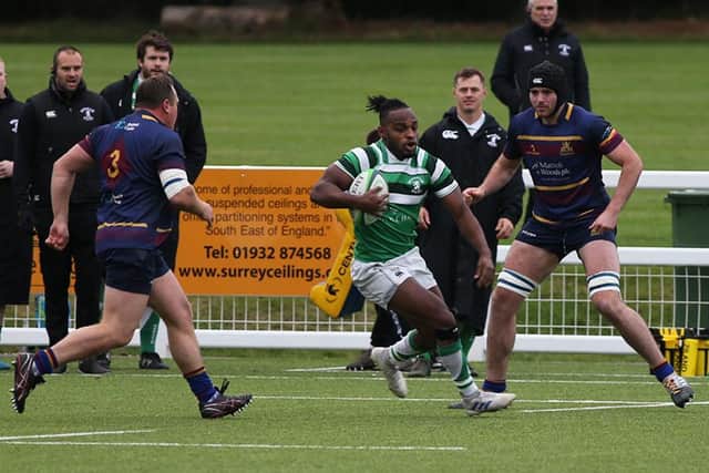 Declan Nwachukwu looks to run at the Cobham defence. Picture by Natalie Mayhew, Butterfly Rugby