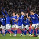 Leicester celebrate their penalty shoot-out victory against Brighton