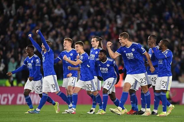 Leicester celebrate their penalty shoot-out victory against Brighton