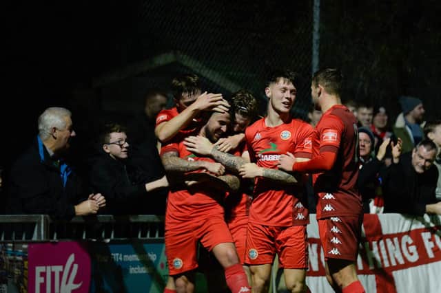 Worthing celebrate Reece Meekums' goal in the win over Merstham / Picture: Marcus Hoare
