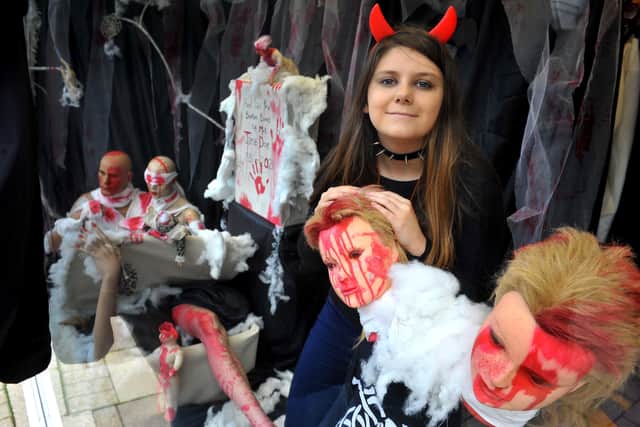 Georgina Skye inside her shocking Halloween window, which she created at SOLD in High Street, Shoreham. Picture: Steve Robards SR2110271