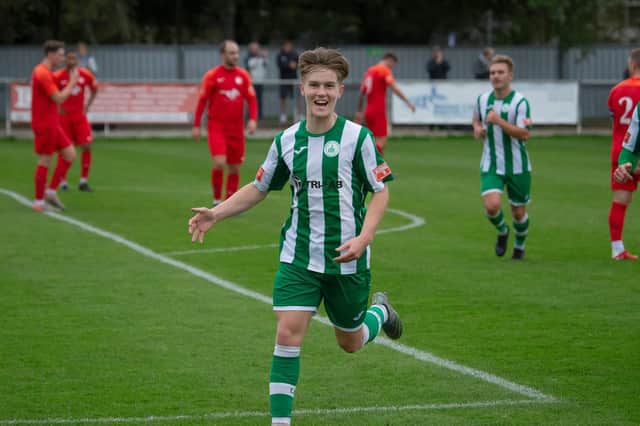 Ethan Prichard celebrates his opener for Chi City against Hythe / Picture: Neil Holmes