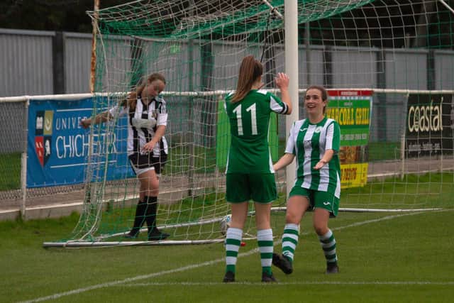 Chichester City Women celebrate a goal against Abbey Rangers / Picture: Neil Holmes