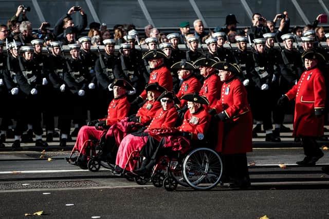 Chelsea pensioners parade during the annual Remembrance Sunday memorial at the Cenotaph in Londonn (photo: Jack Taylor/Getty Images) SUS-210211-133823001