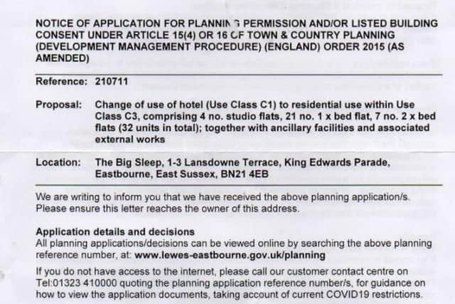 Part of the letter neighbours recieved about the plans telling them the site would be converted into a mix of studio flats, and one-two bedroom flats. SUS-211029-124107001