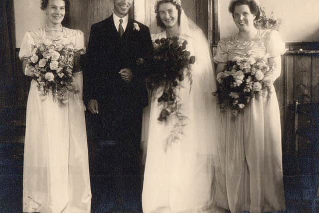Bob and Vera Wisden on their wedding day with sisters Eileen and Margaret as bridesmaids SUS-211029-095759001
