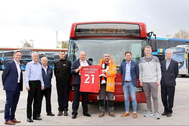 Crawley Town have made their first stop on their Gratitude Scheme by gifting 40 tickets to local bus company Metrobus. Picture courtesy of Crawley Town FC