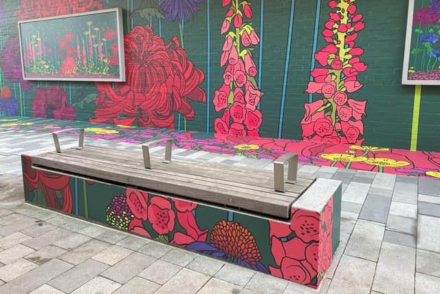 A bench redesigned in the Graphic Rewilding of Crawley Town Centre by Baker & Borowski