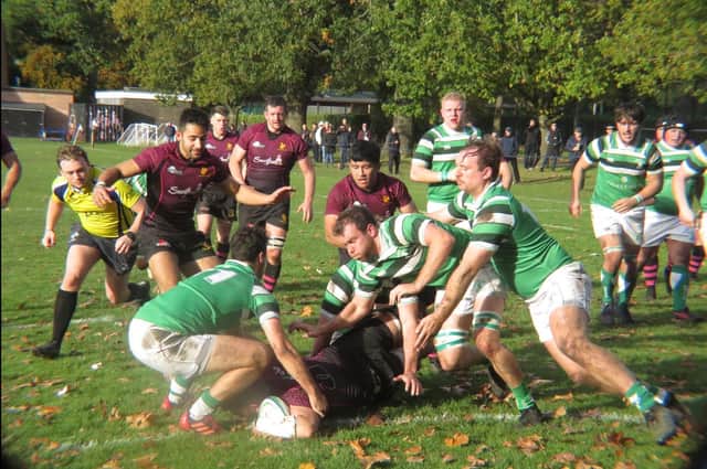 Camberley touch down to score against 14-man Horsham. Picture courtesy of Richard Ordidge