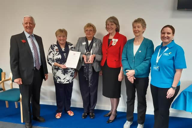 The Lord-Lieutenant of West Sussex, Mrs Susan Pyper, with 4Sight Vision Support chief executive Kirstie Thomas, chairman of trustees Dr Norman Boyland and volunteers Jean Hall, Margaret Russell and Gill Calderhead