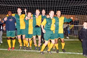 Horsham celebrate beating Maidenhead 4-1 in the FA Cup first round proper in 2007-08, setting up a second round clash with Roberto Martinez's Swansea City