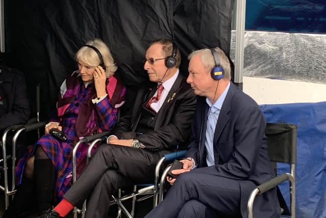 The Duchess of Cornwall on set with author Peter James and star of Grace John Simm
