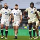 Joe Marler, left, with teammates Luke Cowan-Dickie  and Maro Itoje of England. (Photo by Mike Hewitt/Getty Images) 775595670