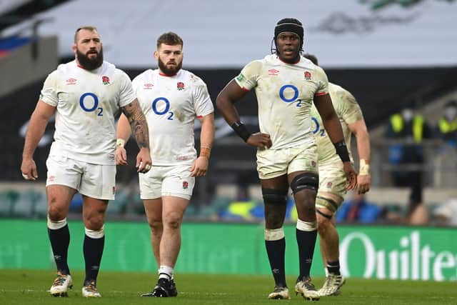 Joe Marler, left, with teammates Luke Cowan-Dickie  and Maro Itoje of England. (Photo by Mike Hewitt/Getty Images) 775595670
