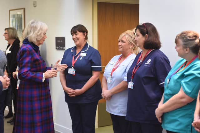 The Duchess of Cornwall visits St Wilfrid's Hospice in Eastbourne for its 40th anniversary.
The Duchess talking to Eirian Levell. Photo by Justin Lycett. SUS-210411-162517001