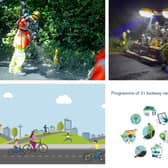 Picture montage: from top left: the Velocity road patcher in action; the A24 Washington carriageway resurfacing scheme; bottom left, an image from our ongoing Active Travel campaign, and results from the programme of 31 footway resurfacing schemes