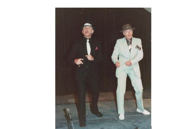 Pete Harrison performing Brush up Your Shakespeare in the company's 1989 production of Kiss Me Kate - on the right in the light suit alongside his friend Pete Murrell