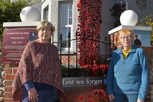 Eileen Digby-Rogers outside her house with the poppy display with neighbour Val Hyland (Photo by Jon Rigby) SUS-210311-155741008