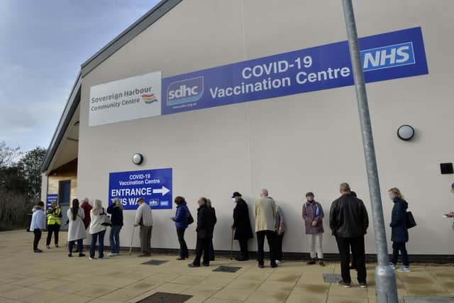 Covid-19 vaccination centre at Sovereign Harbour Community Centre (Photo by Jon Rigby) SUS-211027-112852001