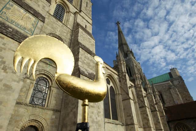 The gilded weathervane before being taken to the spire in 2011.