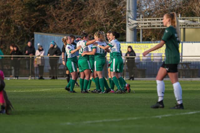 Chichester and Selsey Ladies celebrate one of the goals that saw off Plymouth / Picture: Sheena Booker