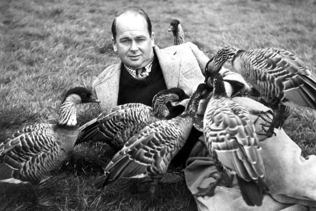 Wildfowl and Wetlands Trust founder Sir Peter Scott with nenes