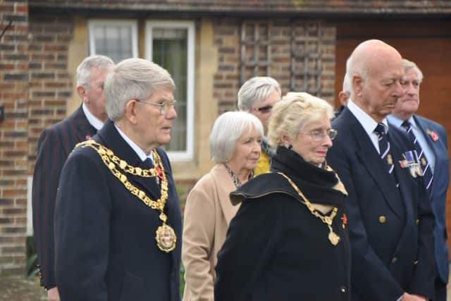 Eastbourne mayor, Councillor Pat Rodahan, attended the annual Remembrance service on Thursday morning at War Memorial Houses in Victoria Drive. Photo provided by John Steer. SUS-211111-150122004