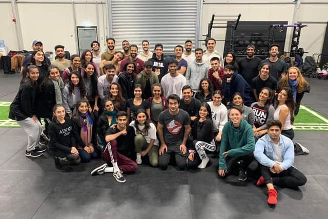 Fifty South Asian dancers appeared in a Bollywood dance scene alongside Marvel's  first-ever South Asian hero Kingo, played by Pakistani-American comedian, actor and screenwriter Kumail Nanjiani (bottom row centre). Picture courtesy of Saaj Raja