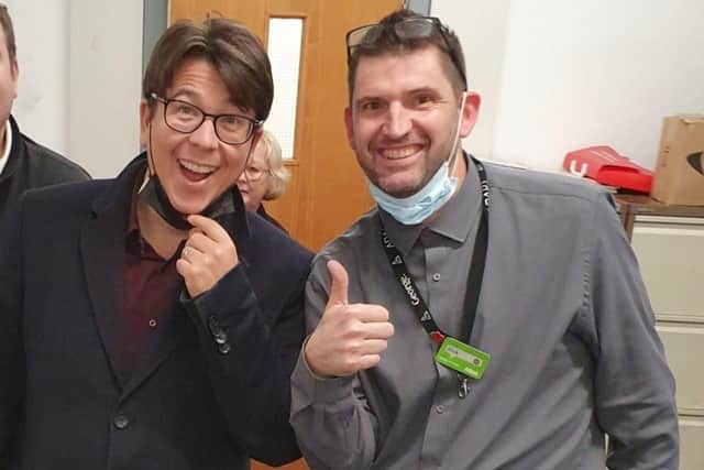 Michael McIntyre met staff of the local Asda when he attended a book signing at the store on November 16. Signed cardboard cut-outs of the comedian and a signed copy of his new book are being auctioned to raise money for St Michael's Hospice. SUS-211117-153550001